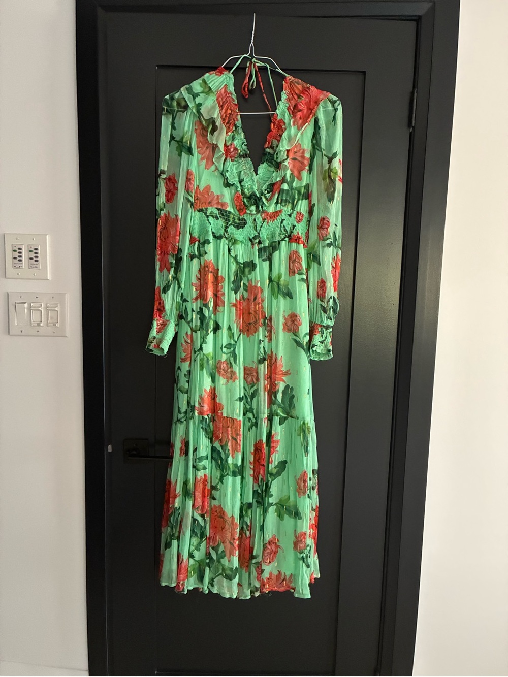 Anthropologie Mint Green Maxi Dress with Red Floral Print